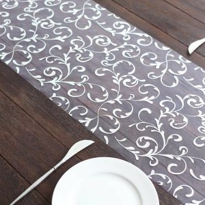 Velvet & Stylish Runners |  12″x108″ Metallic Silver Sheer Organza Table Runner with Embossed Foil Flower Design