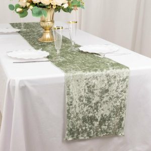 Velvet & Stylish Runners |  12″x108″ Sage Green Premium Crushed Velvet Table Runner – 190GSM