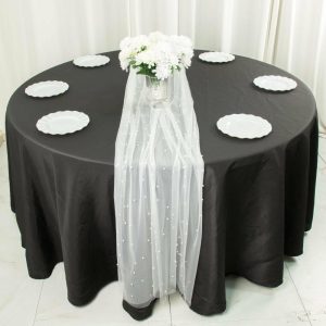 Velvet & Stylish Runners |  48″x120″ White Pearl Embellished Sheer Tulle Table Runner, Elegant Formal Table Linen