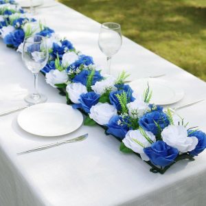 Velvet & Stylish Runners |  6 Pack White Royal Blue Silk Rose Flower Panel Table Runner, Artificial Floral Arrangements Wedding Table Centerpiece – 20″x8″