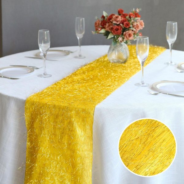 Velvet & Stylish Runners |  Gold Metallic Fringe Shag Tinsel Table Runner, Shimmery Polyester Table Runner – 12″x108″