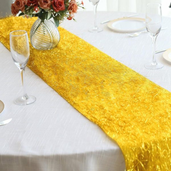 Velvet & Stylish Runners |  Gold Metallic Fringe Shag Tinsel Table Runner, Shimmery Polyester Table Runner – 12″x108″