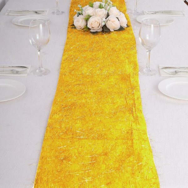 Velvet & Stylish Runners |  Gold Metallic Fringe Shag Tinsel Table Runner, Shimmery Polyester Table Runner – 12″x108″