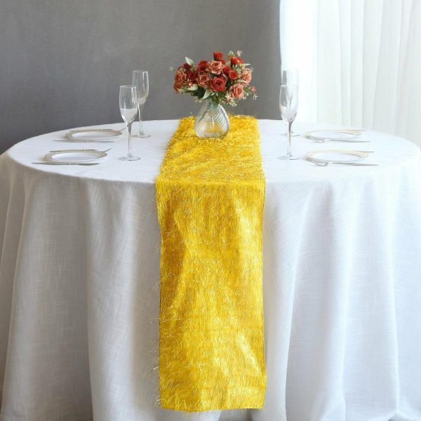 Velvet & Stylish Runners |  Gold Metallic Fringe Shag Tinsel Table Runner, Shimmery Polyester Table Runner – 12″x108″