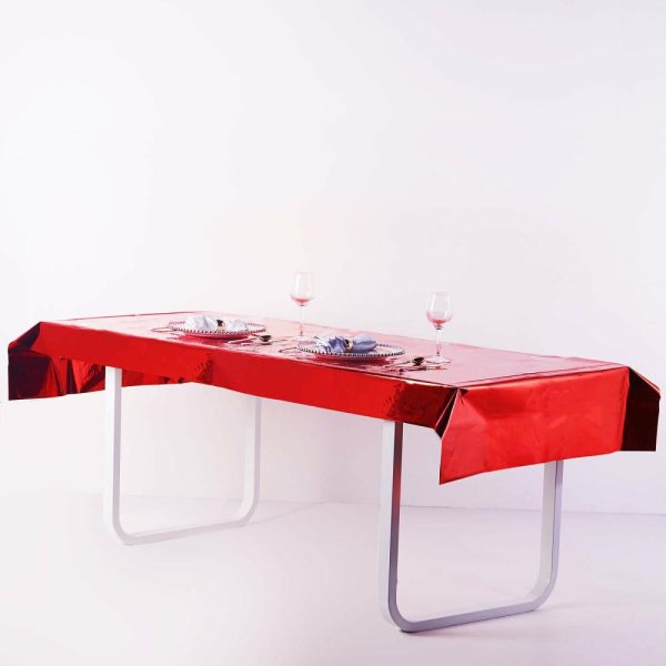 Vinyl & Plastic |  40″x90″ Red Metallic Foil Rectangle Tablecloth, Disposable Table Cover