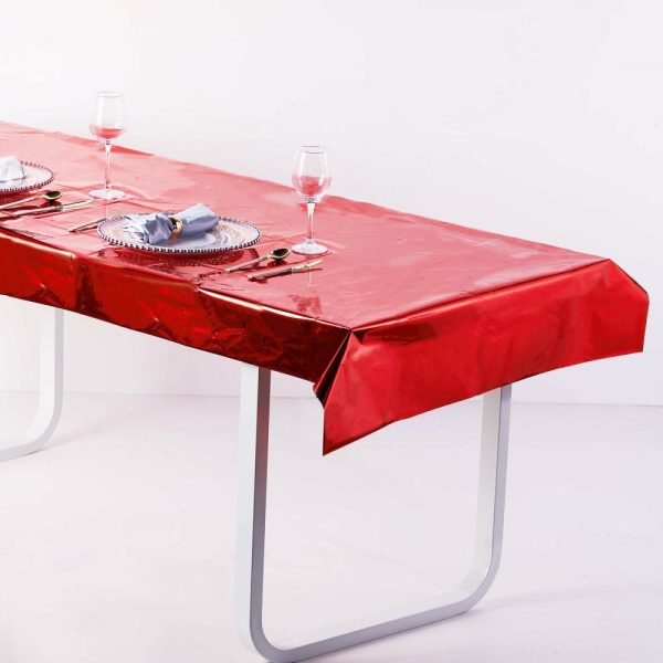 Vinyl & Plastic |  40″x90″ Red Metallic Foil Rectangle Tablecloth, Disposable Table Cover