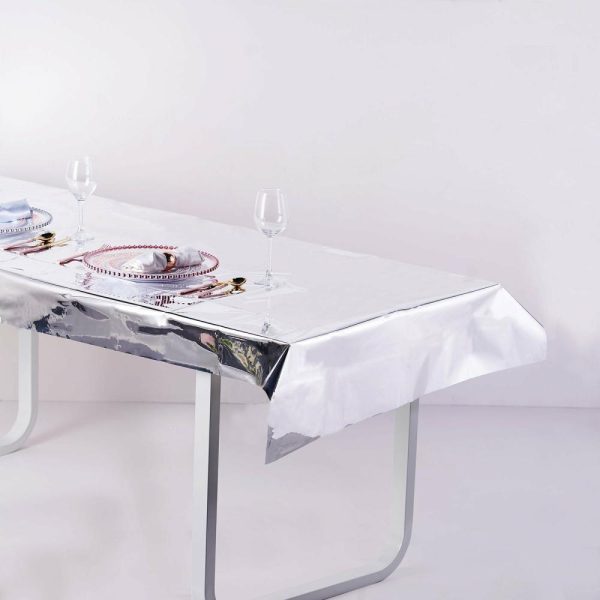 Vinyl & Plastic |  40″x90″ Silver Metallic Foil Rectangle Tablecloth, Disposable Table Cover