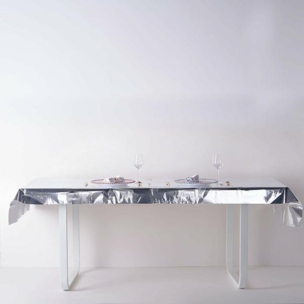 Vinyl & Plastic |  40″x90″ Silver Metallic Foil Rectangle Tablecloth, Disposable Table Cover