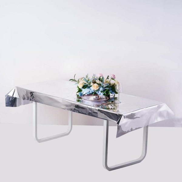 Vinyl & Plastic |  40″x90″ Silver Metallic Foil Rectangle Tablecloth, Disposable Table Cover