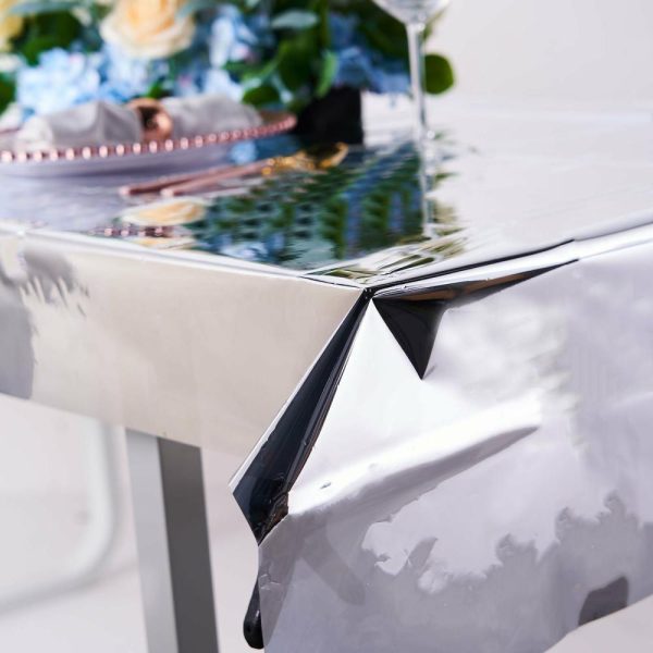 Vinyl & Plastic |  40″x90″ Silver Metallic Foil Rectangle Tablecloth, Disposable Table Cover