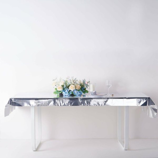 Vinyl & Plastic |  40″x90″ Silver Metallic Foil Rectangle Tablecloth, Disposable Table Cover