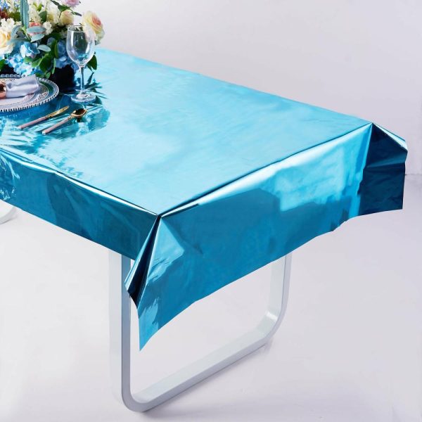 Vinyl & Plastic |  40″x90″ Turquoise Metallic Foil Rectangle Tablecloth, Disposable Table Cover