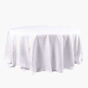 Polyester |  120″ White Seamless Polyester Round Tablecloth for 5 Foot Table With Floor-Length Drop