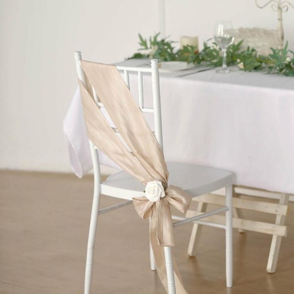 Polyester & Taffeta Sashes |  5 Pack 6″x106″ Beige Accordion Crinkle Taffeta Chair Sashes