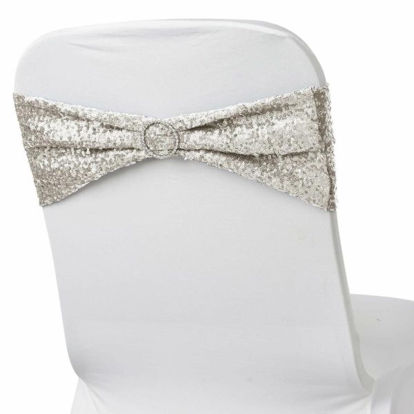 Sequin & Shimmer Sashes |  5 Pack 6″x15″ Silver Sequin Spandex Chair Sashes Bands