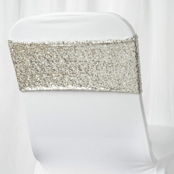 Sequin & Shimmer Sashes |  5 Pack 6″x15″ Silver Sequin Spandex Chair Sashes Bands