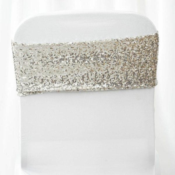 Sequin & Shimmer Sashes |  5 Pack 6″x15″ Silver Sequin Spandex Chair Sashes Bands