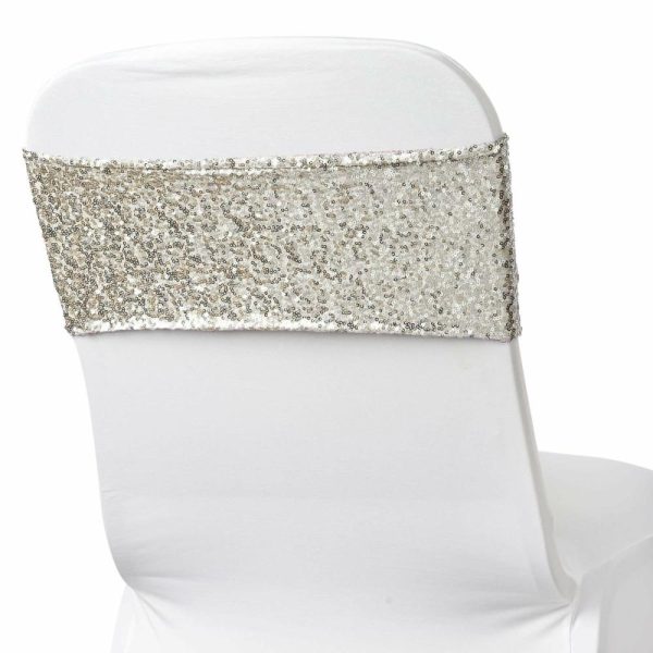 Sequin & Shimmer Sashes |  5 Pack 6″x15″ Silver Sequin Spandex Chair Sashes Bands