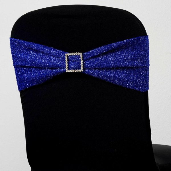 Sequin & Shimmer Sashes |  5 Pack Royal Blue Metallic Shimmer Tinsel Spandex Chair Sashes