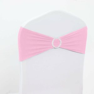 Spandex Sash Bands |  5 Pack 5″x14″ Pink Spandex Stretch Chair Sashes with Silver Diamond Ring Slide Buckle