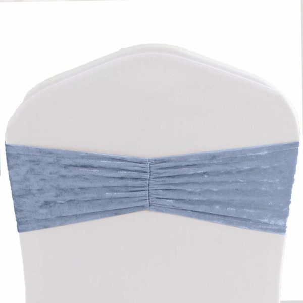 Spandex Sash Bands |  5 Pack Dusty Blue Premium Crushed Velvet Ruffle Chair Sash Bands, Decorative Wedding Chair Sashes