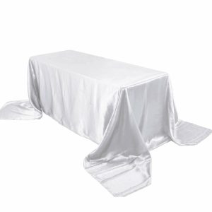 Satin |  90″x156″ White Seamless Satin Rectangular Tablecloth for 8 Foot Table With Floor-Length Drop