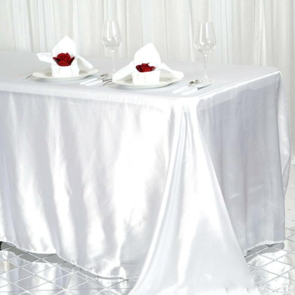 Satin |  90″x156″ White Seamless Satin Rectangular Tablecloth for 8 Foot Table With Floor-Length Drop