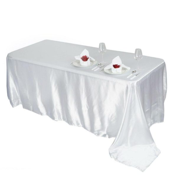 Satin |  90″x156″ White Seamless Satin Rectangular Tablecloth for 8 Foot Table With Floor-Length Drop