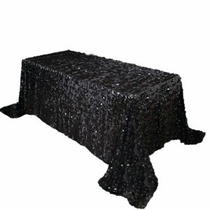 Sequin & Shimmer |  90″x132″ Black Seamless Big Payette Sequin Rectangle Tablecloth for 6 Foot Table With Floor-Length Drop