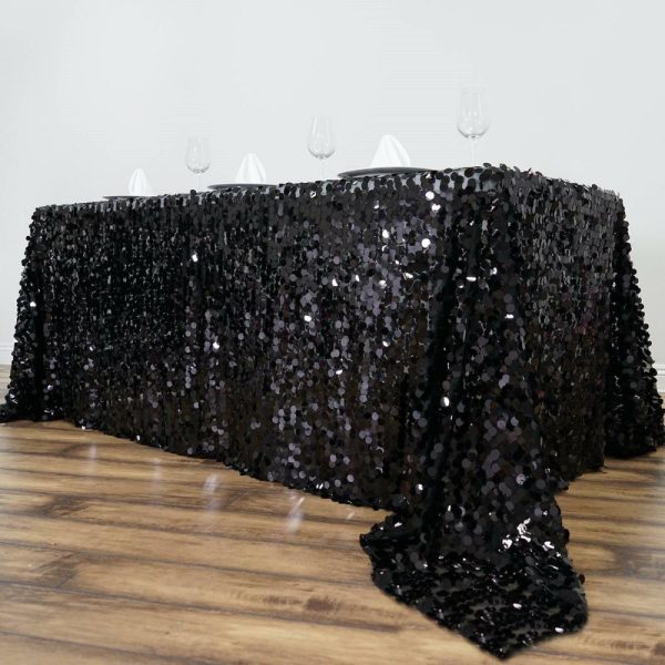 Sequin & Shimmer |  90″x132″ Black Seamless Big Payette Sequin Rectangle Tablecloth for 6 Foot Table With Floor-Length Drop