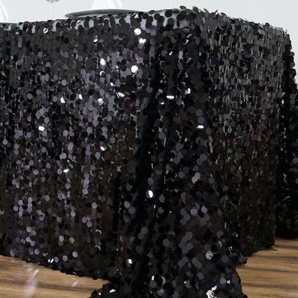 Sequin & Shimmer |  90″x132″ Black Seamless Big Payette Sequin Rectangle Tablecloth for 6 Foot Table With Floor-Length Drop