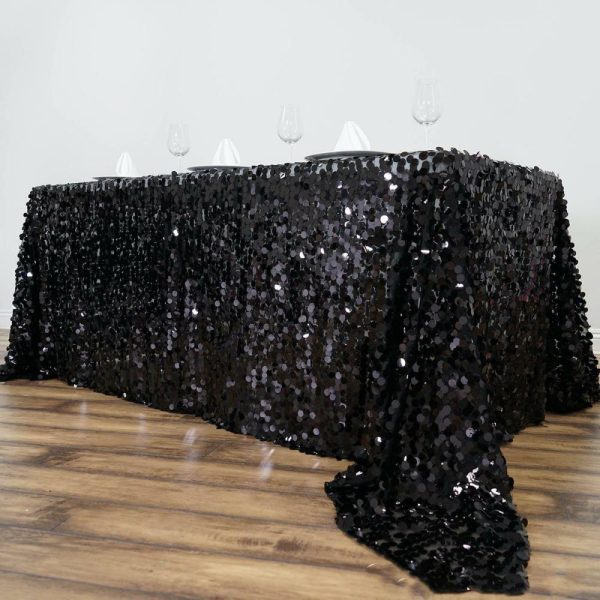 Sequin & Shimmer |  90″x132″ Black Seamless Big Payette Sequin Rectangle Tablecloth for 6 Foot Table With Floor-Length Drop