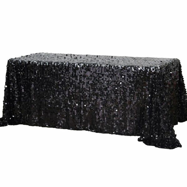 Sequin & Shimmer |  90″x132″ Black Seamless Big Payette Sequin Rectangle Tablecloth for 6 Foot Table With Floor-Length Drop