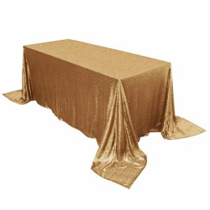 Sequin & Shimmer |  90″x132″ Gold Seamless Premium Sequin Rectangle Tablecloth for 6 Foot Table With Floor-Length Drop