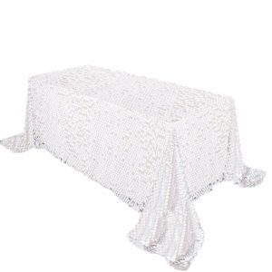 Sequin & Shimmer |  90″x132″ White Seamless Big Payette Sequin Rectangle Tablecloth for 6 Foot Table With Floor-Length Drop