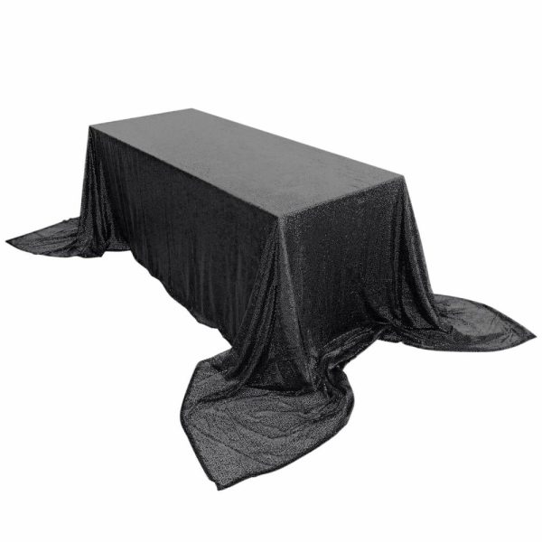 Sequin & Shimmer |  90×156″ Black Seamless Premium Sequin Rectangle Tablecloth for 8 Foot Table With Floor-Length Drop