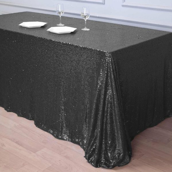 Sequin & Shimmer |  90×156″ Black Seamless Premium Sequin Rectangle Tablecloth for 8 Foot Table With Floor-Length Drop