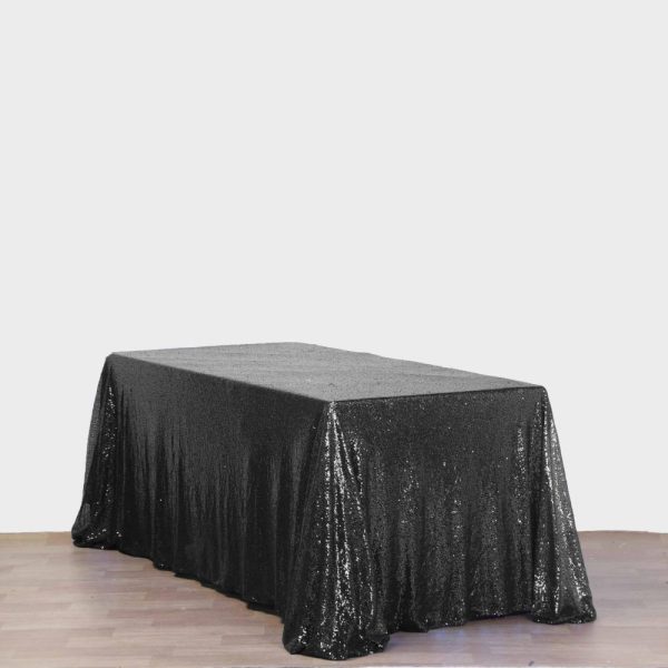 Sequin & Shimmer |  90×156″ Black Seamless Premium Sequin Rectangle Tablecloth for 8 Foot Table With Floor-Length Drop