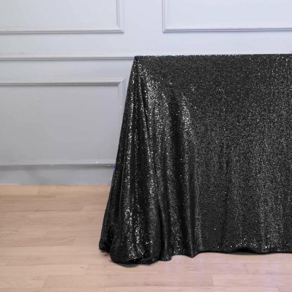 Sequin & Shimmer |  90×156″ Black Seamless Premium Sequin Rectangle Tablecloth for 8 Foot Table With Floor-Length Drop