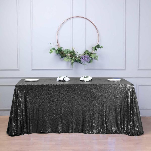 Sequin & Shimmer |  90×156″ Black Seamless Premium Sequin Rectangle Tablecloth for 8 Foot Table With Floor-Length Drop