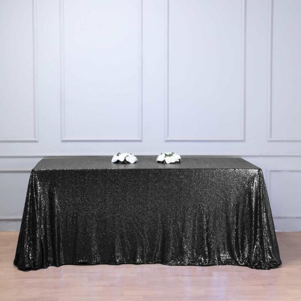 Sequin & Shimmer |  90×156″ Black Seamless Premium Sequin Rectangle Tablecloth for 8 Foot Table With Floor-Length Drop