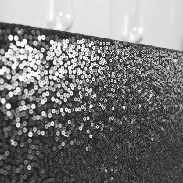 Sequin & Shimmer |  90×156″ Black Seamless Premium Sequin Rectangle Tablecloth for 8 Foot Table With Floor-Length Drop