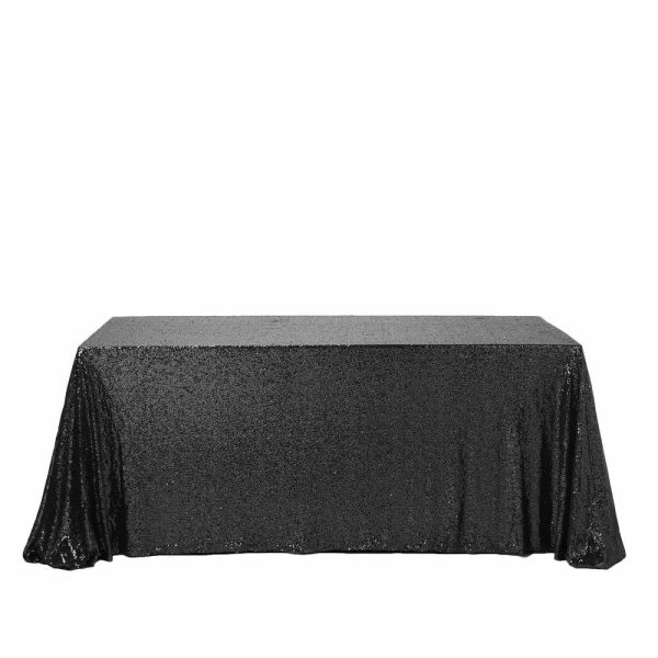 Sequin & Shimmer |  90×156″ Black Seamless Premium Sequin Rectangle Tablecloth for 8 Foot Table With Floor-Length Drop