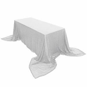 Sequin & Shimmer |  90×156″ Silver Seamless Premium Sequin Rectangle Tablecloth for 8 Foot Table With Floor-Length Drop