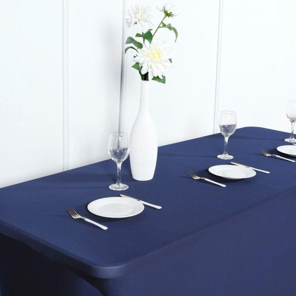 Spandex & Fitted |  Navy Blue Stretch Spandex Rectangle Tablecloth 8ft Wrinkle Free Fitted Table Cover for 96″x30″ Tables