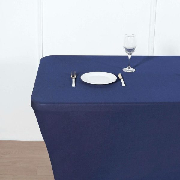 Spandex & Fitted |  Navy Blue Stretch Spandex Rectangle Tablecloth 8ft Wrinkle Free Fitted Table Cover for 96″x30″ Tables