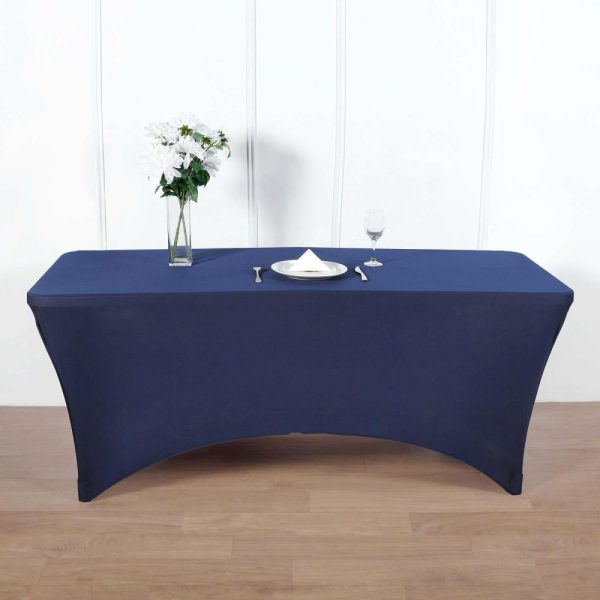 Spandex & Fitted |  Navy Blue Stretch Spandex Rectangle Tablecloth 8ft Wrinkle Free Fitted Table Cover for 96″x30″ Tables