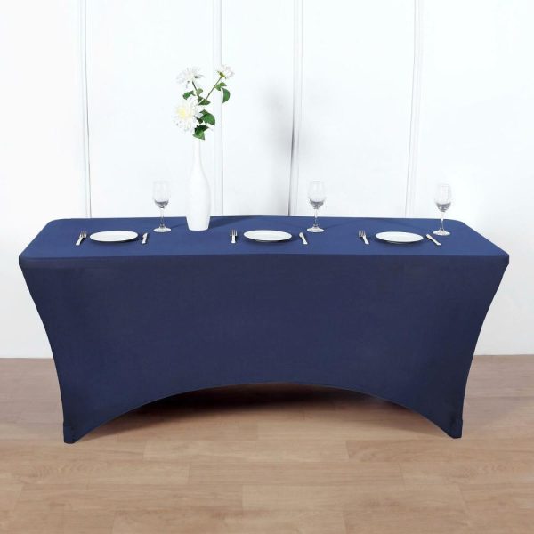 Spandex & Fitted |  Navy Blue Stretch Spandex Rectangle Tablecloth 8ft Wrinkle Free Fitted Table Cover for 96″x30″ Tables