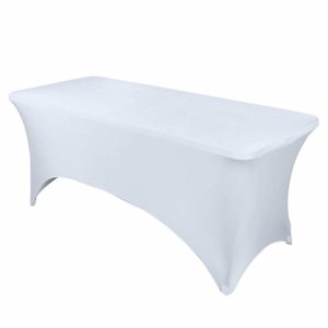 Spandex & Fitted |  White Stretch Spandex Rectangle Tablecloth 8ft Wrinkle Free Fitted Table Cover for 96″x30″ Tables