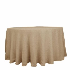 Jute & Lace |  108″ Natural Jute Seamless Faux Burlap Round Tablecloth Boho Chic Table Linen